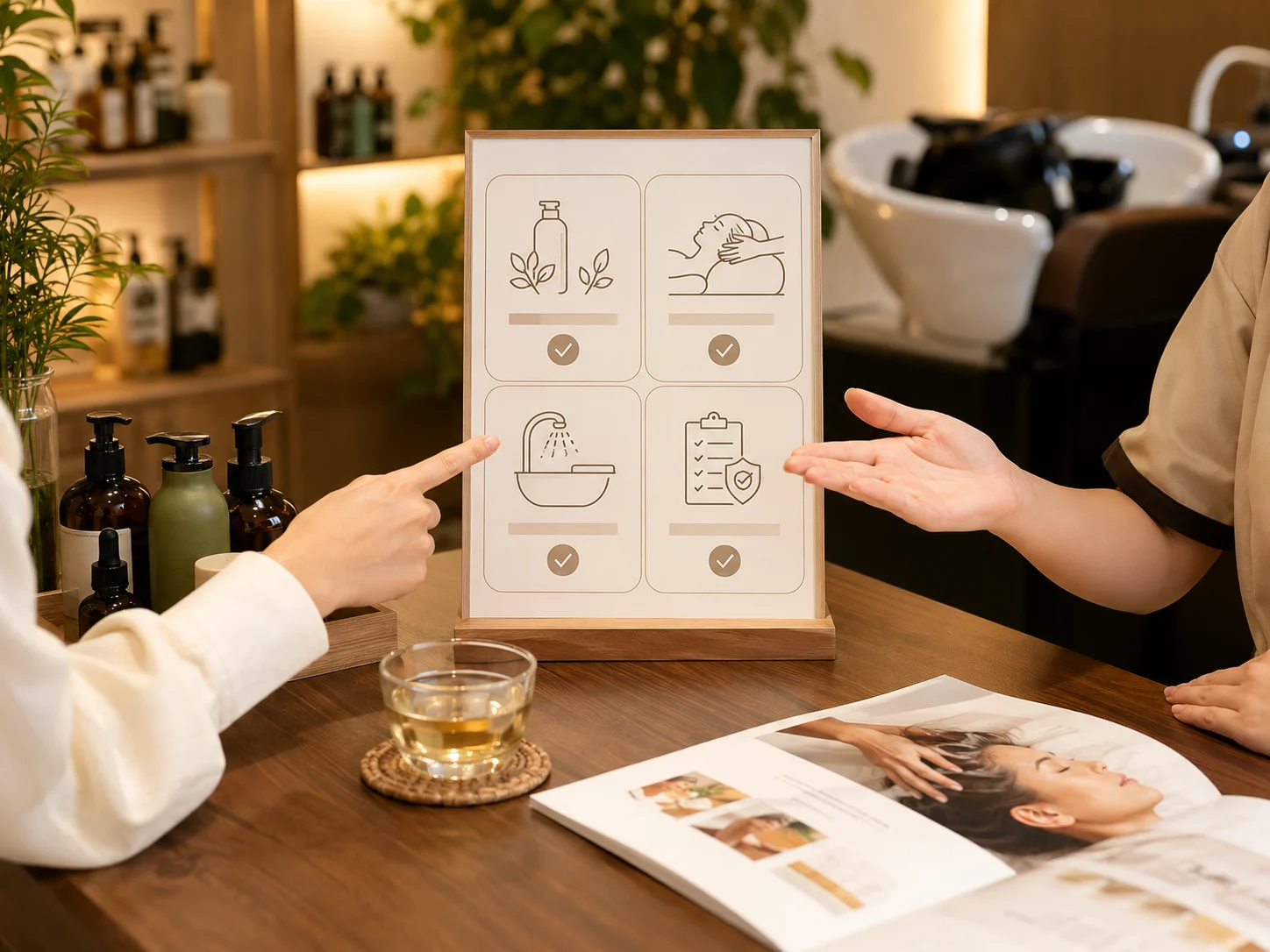 头疗SPA低价套餐要重点问什么配图：头疗套餐页面旁列出要确认的四个问题，好青丝福田口岸店透明消费服务示意