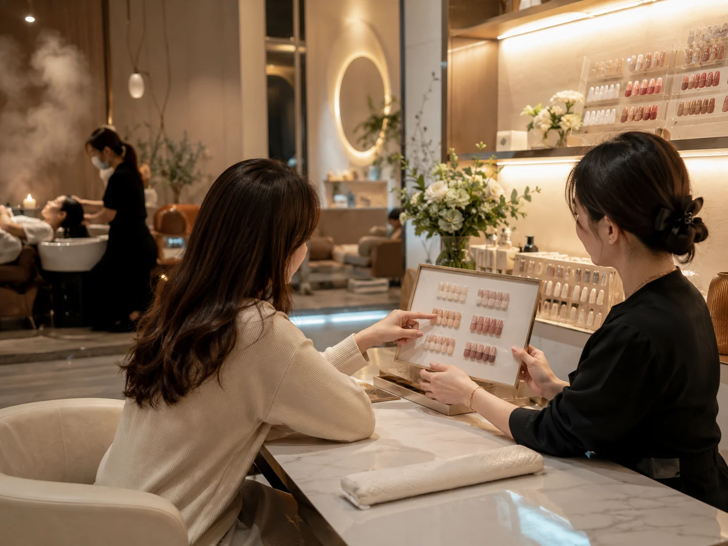 福田口岸店适合做美甲穿戴甲吗配图：头疗空间旁边的穿戴甲款式确认场景，好青丝福田口岸店美甲穿戴甲服务示意